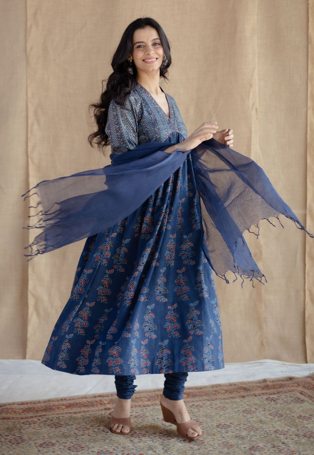 Kriti Indigo Ajrakh Cotton A Line Kurta with Hand Embroidery