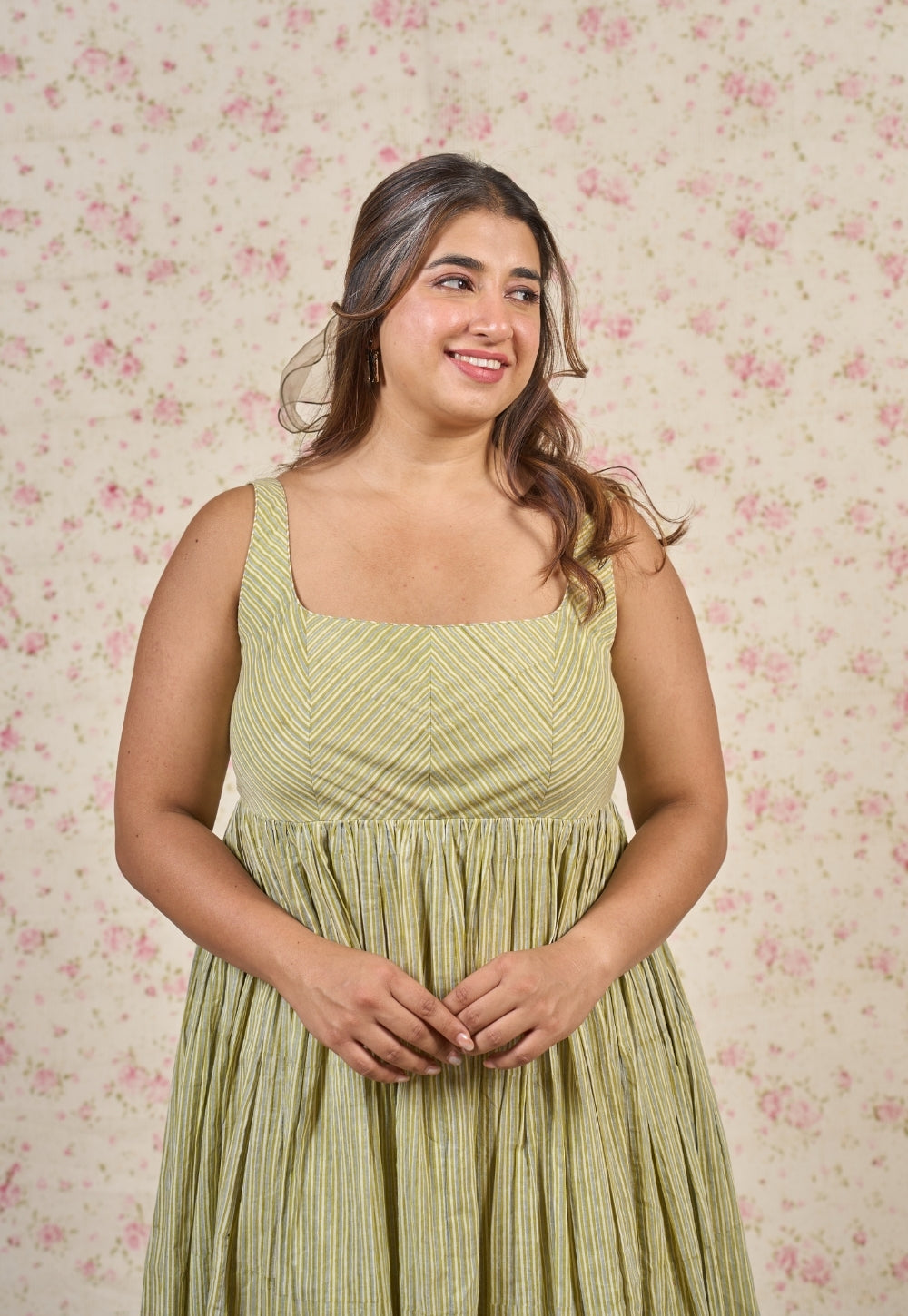 Fleur Green Sanganeri Mul Cotton A Line Dress