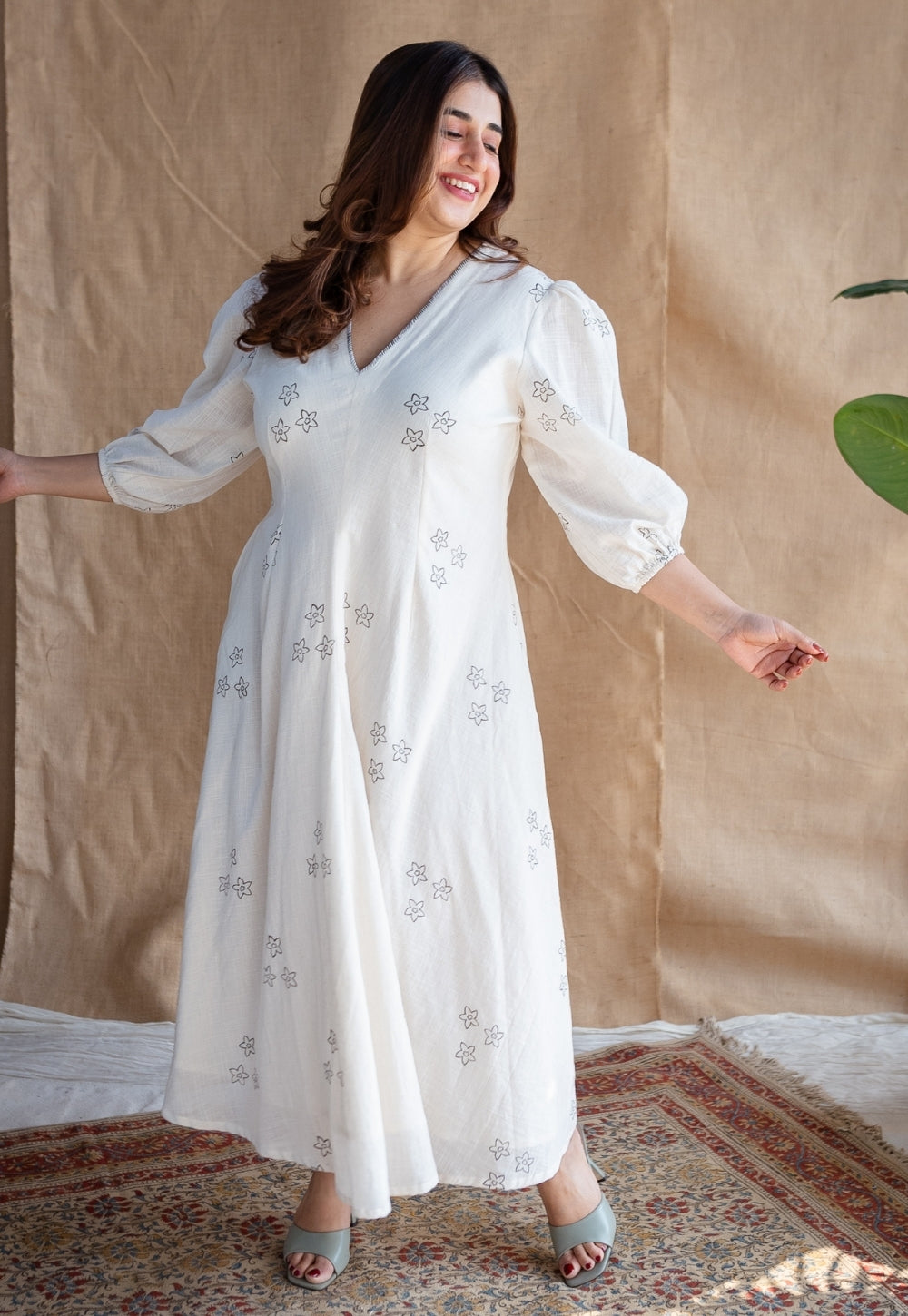 Eyza Dabu Slub Cotton Hand Embroidered Dress
