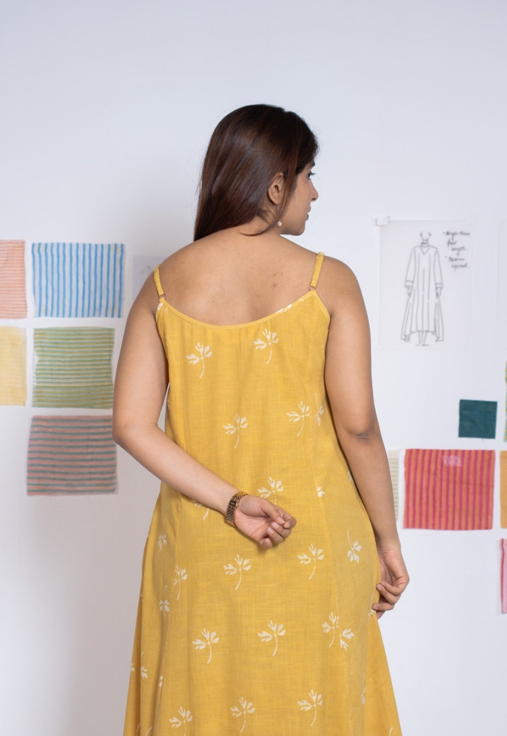 Viaana Yellow Dabu Slub Cotton A Line Dress