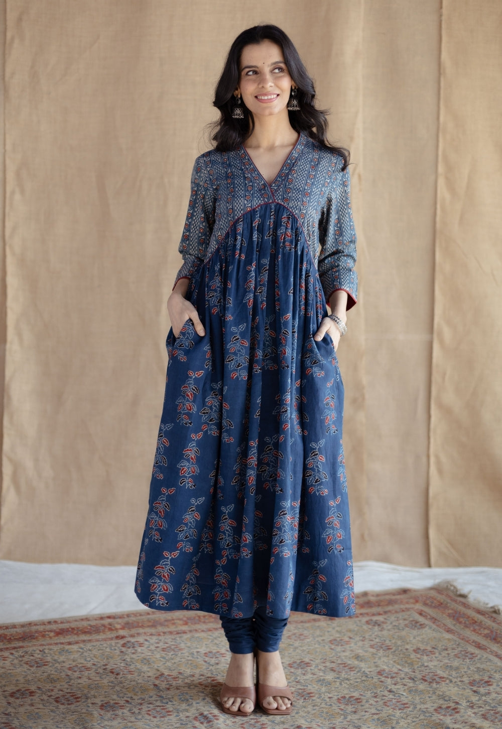 Kriti Indigo Ajrakh Cotton A Line Kurta with Hand Embroidery