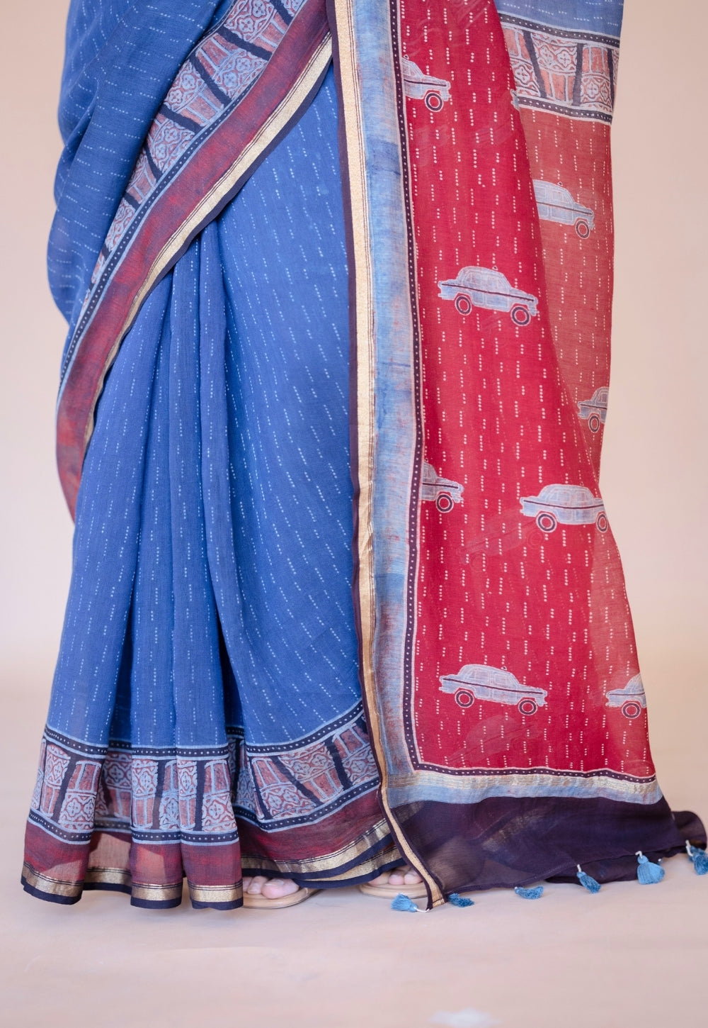 Blue Car Ajrakh Hand Block Print Chanderi Saree