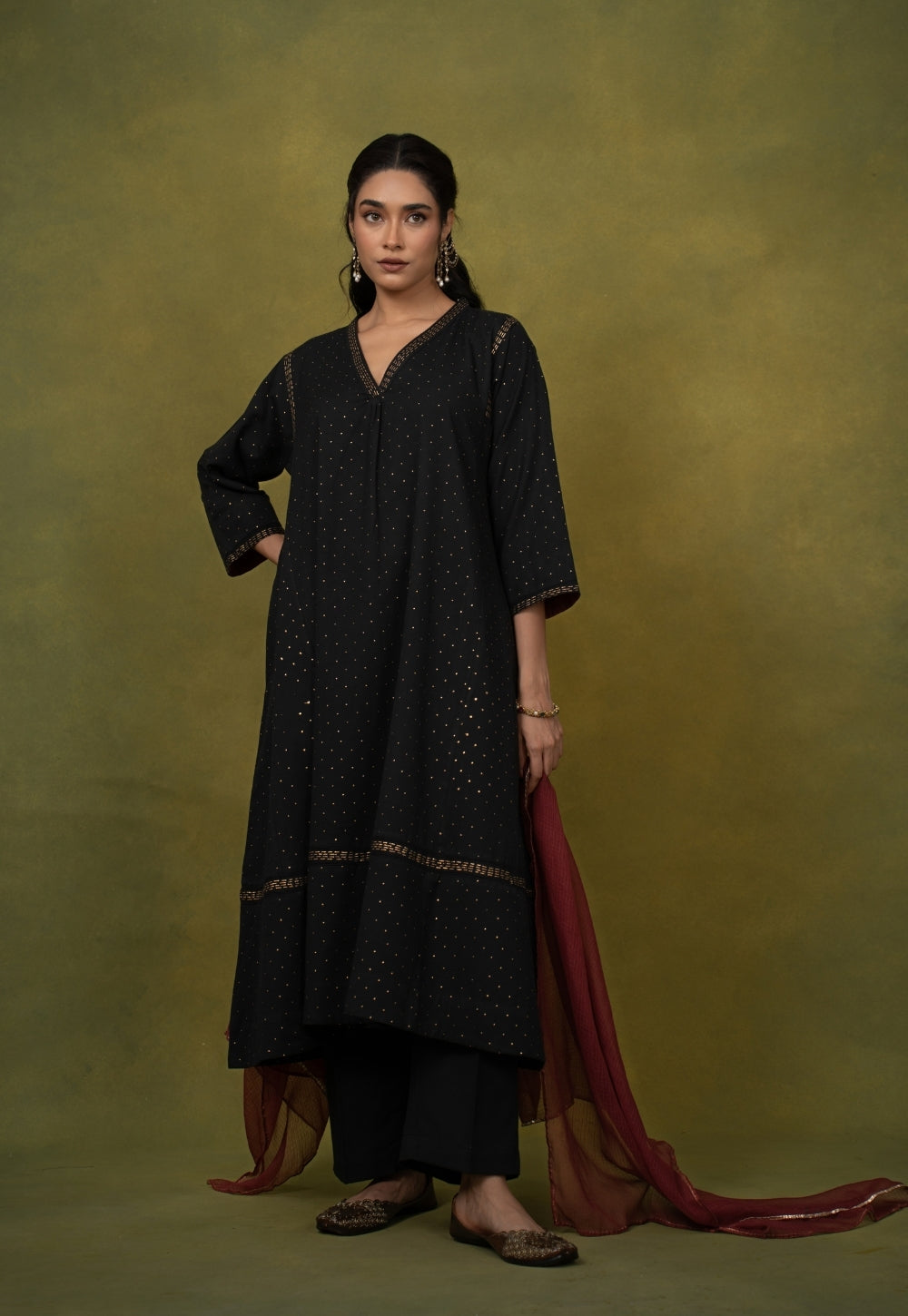 Qainat Black Rogan Handlock Printed Cotton Jhabbha Kali Kurta Suit Set (Set of 3)