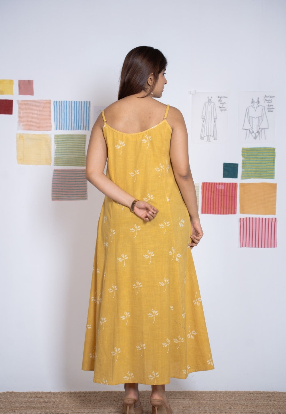 Viaana Yellow Dabu Slub Cotton A Line Dress