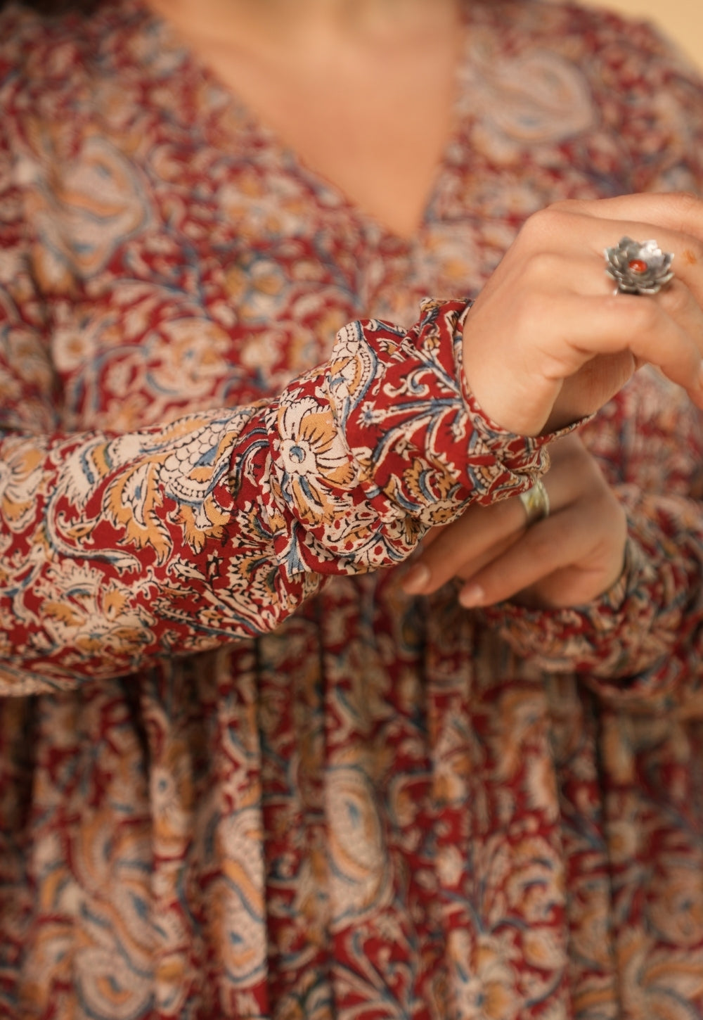 Farha Red Kalamkari Cotton A Line Kurta