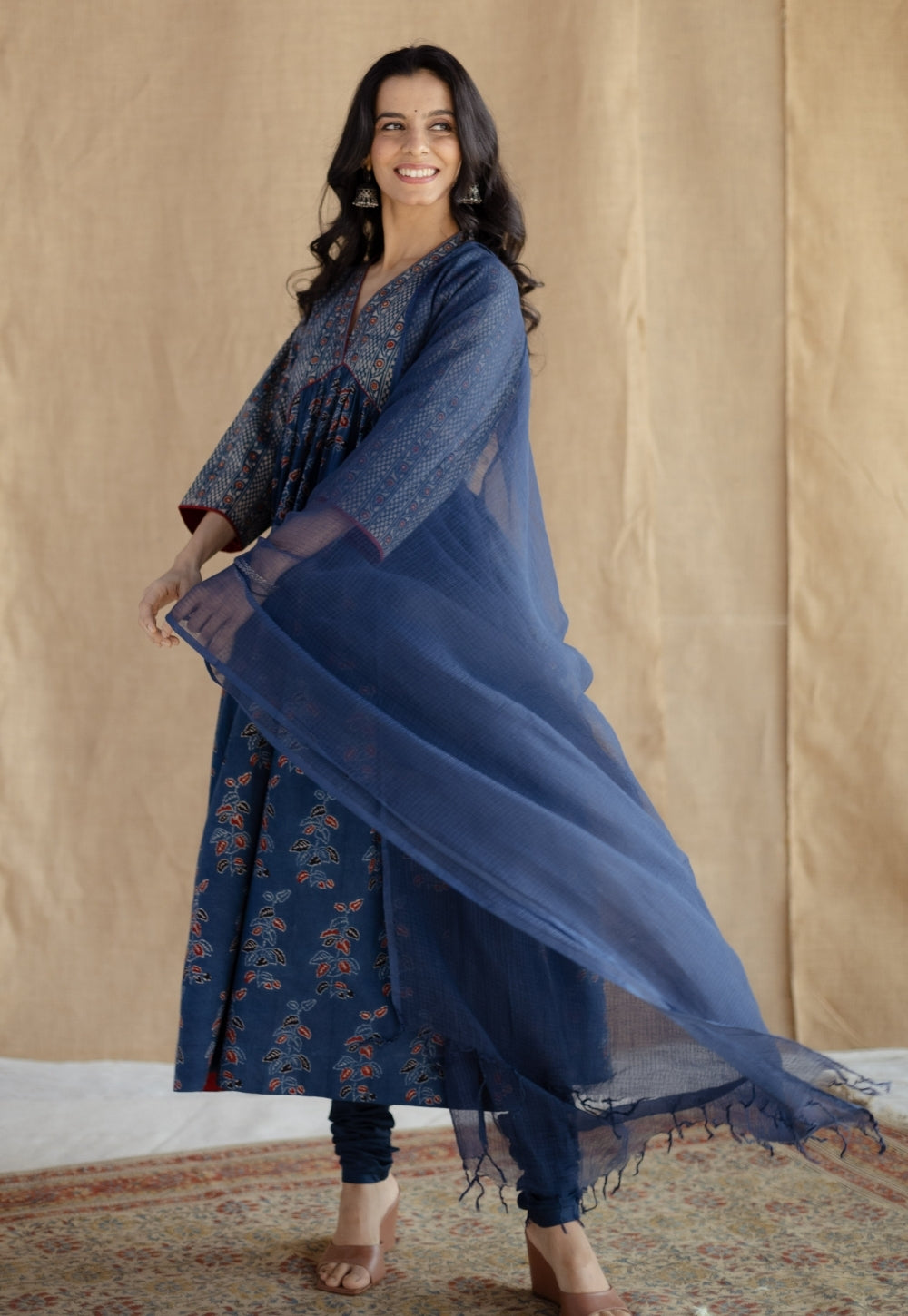 Kriti Indigo Ajrakh Cotton A Line Kurta with Hand Embroidery