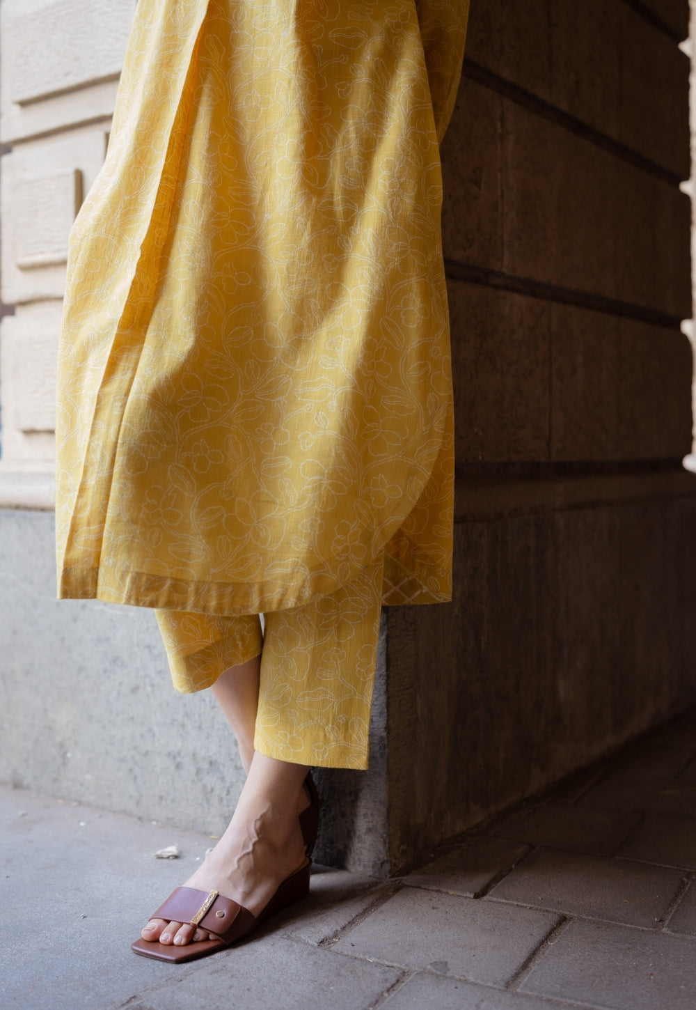 Prita Mustard Hand Block Print Slub Cotton Narrow Pant