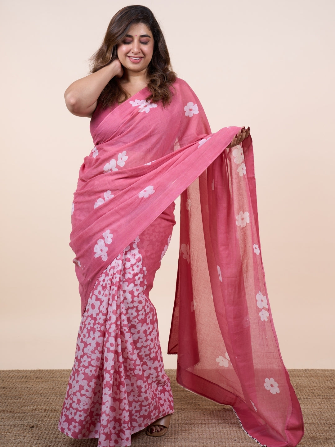 Jasmin Pink Batik Hand Block Print Mul Cotton Saree with Embroidery