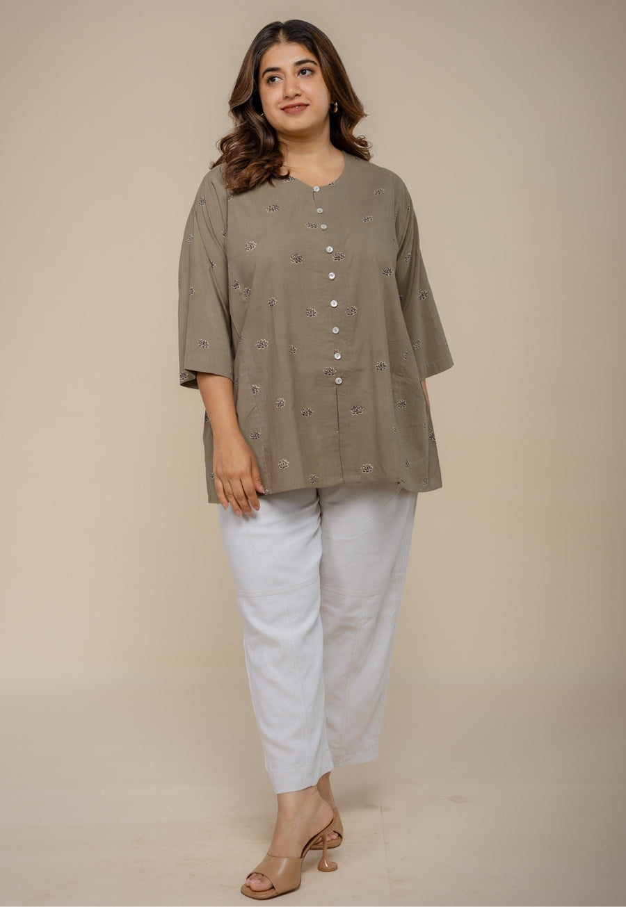 Charvi Grey Ajrakh Cotton Straight Short Top