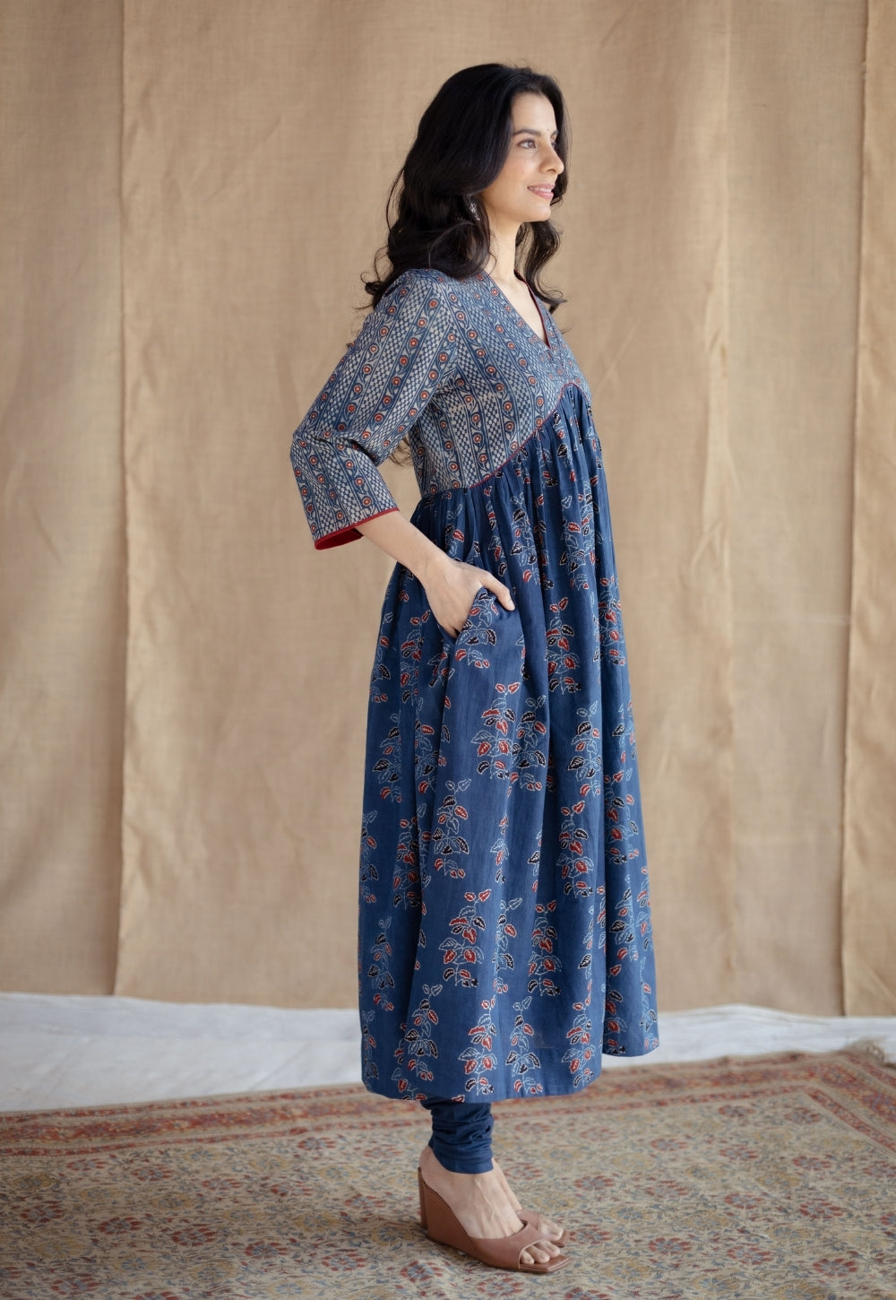Kriti Indigo Ajrakh Cotton A Line Kurta with Hand Embroidery