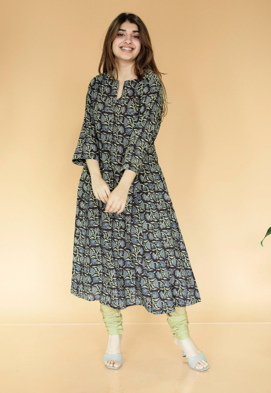 Malika Black Ajrakh Cotton Kali Kurta