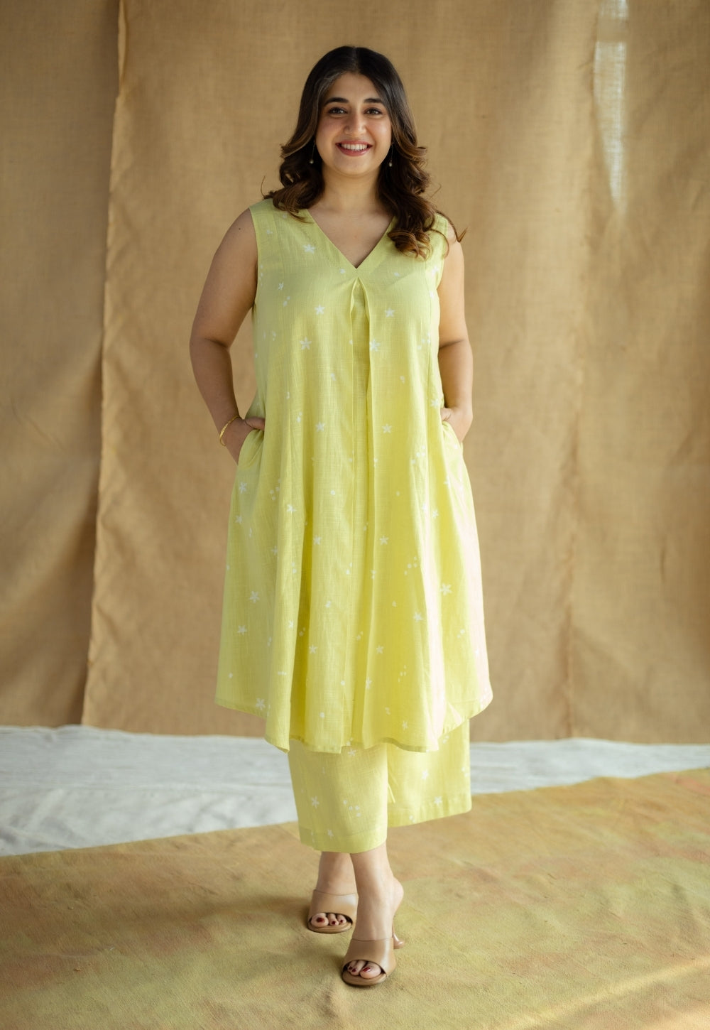 Yashi Lime Green Hand Block Print Slub Cotton Straight Pant
