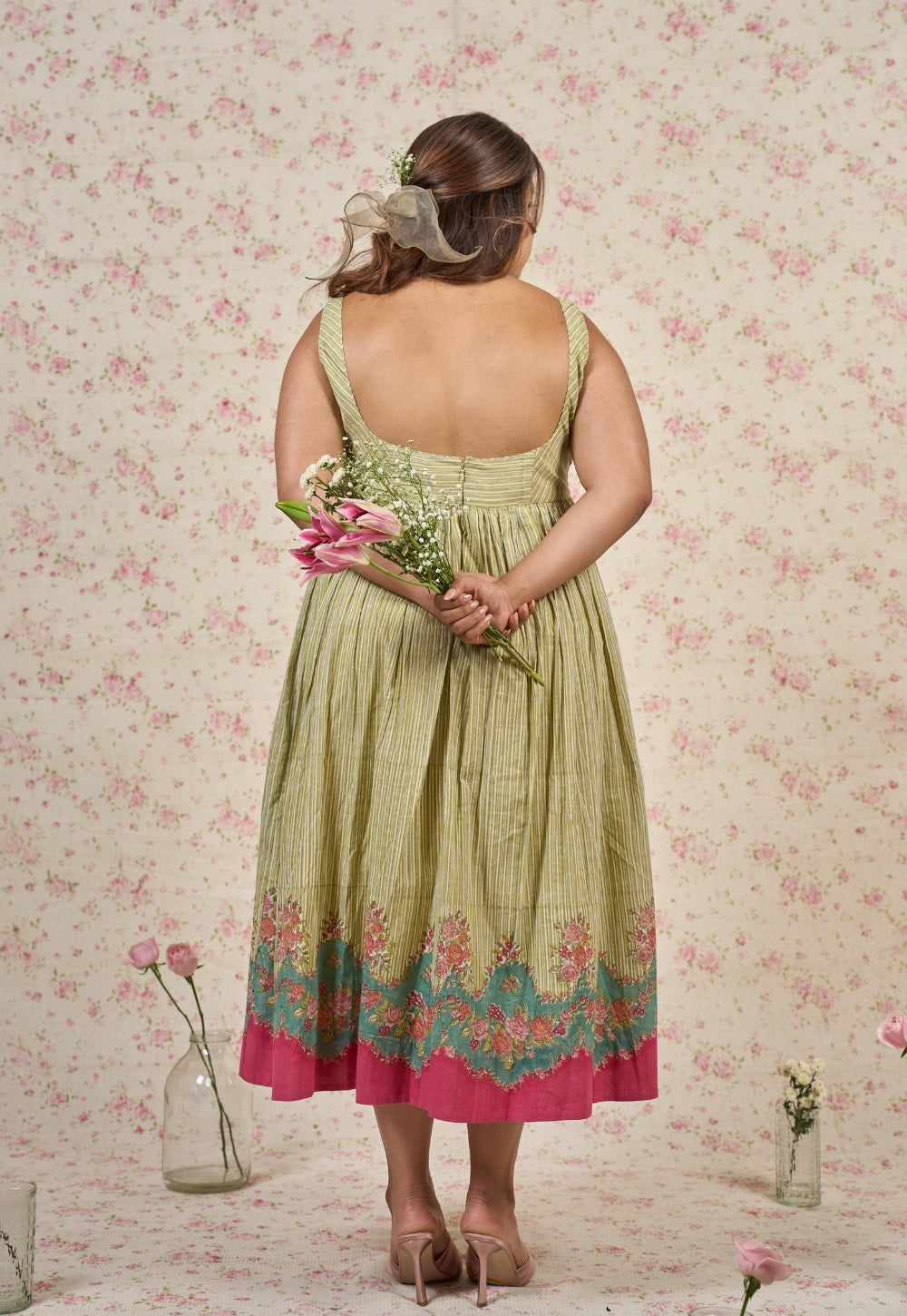 Fleur Green Sanganeri Mul Cotton A Line Dress
