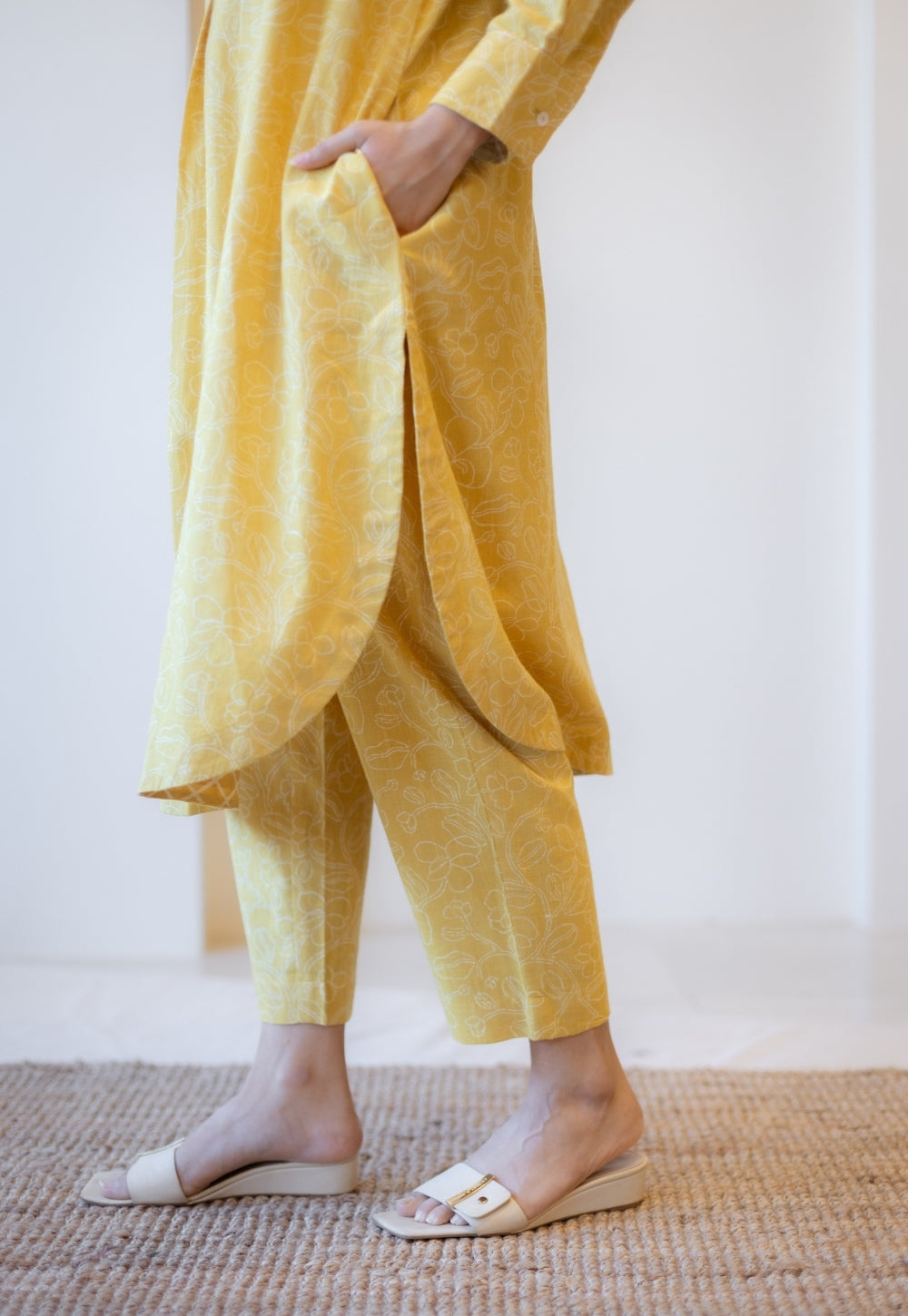 Prita Mustard Hand Block Print Slub Cotton Narrow Pant