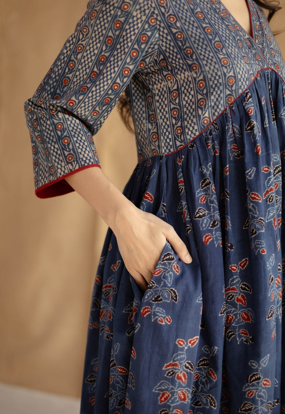 Kriti Indigo Ajrakh Cotton A Line Kurta with Hand Embroidery