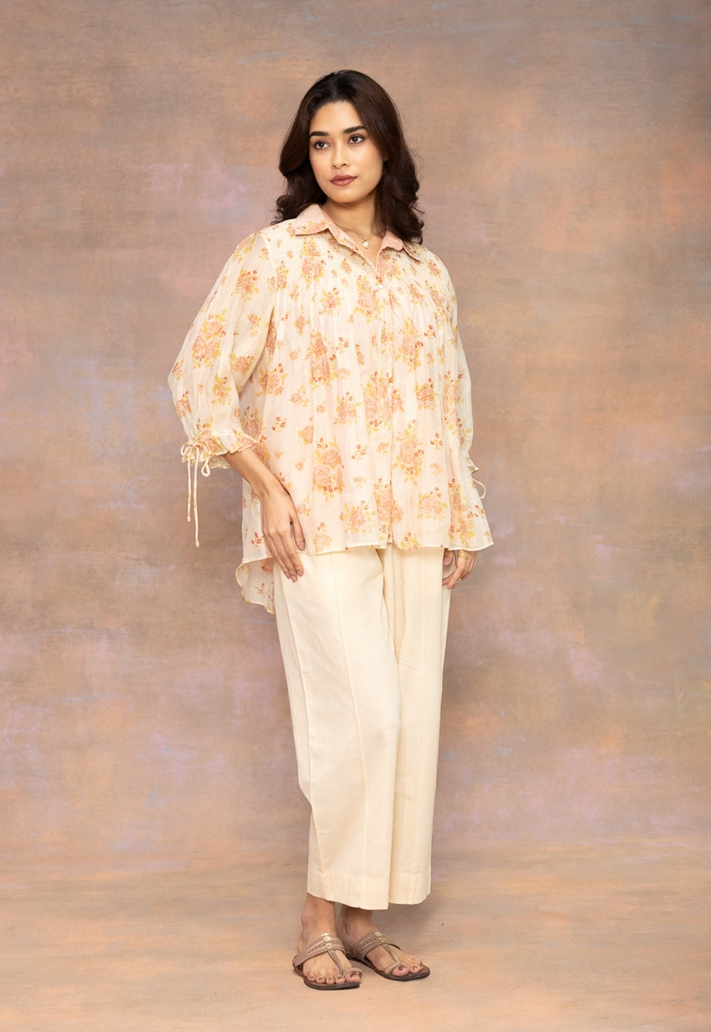 Myra Beige Solid Cotton Flex Narrow Pant