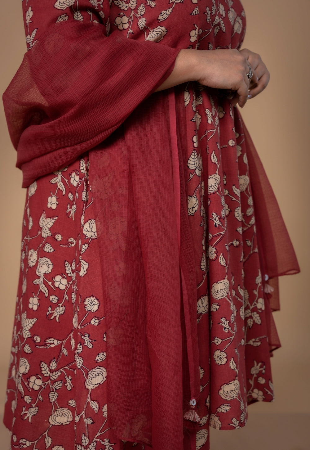 Red Solid Kota Doria Dupatta with Tassels