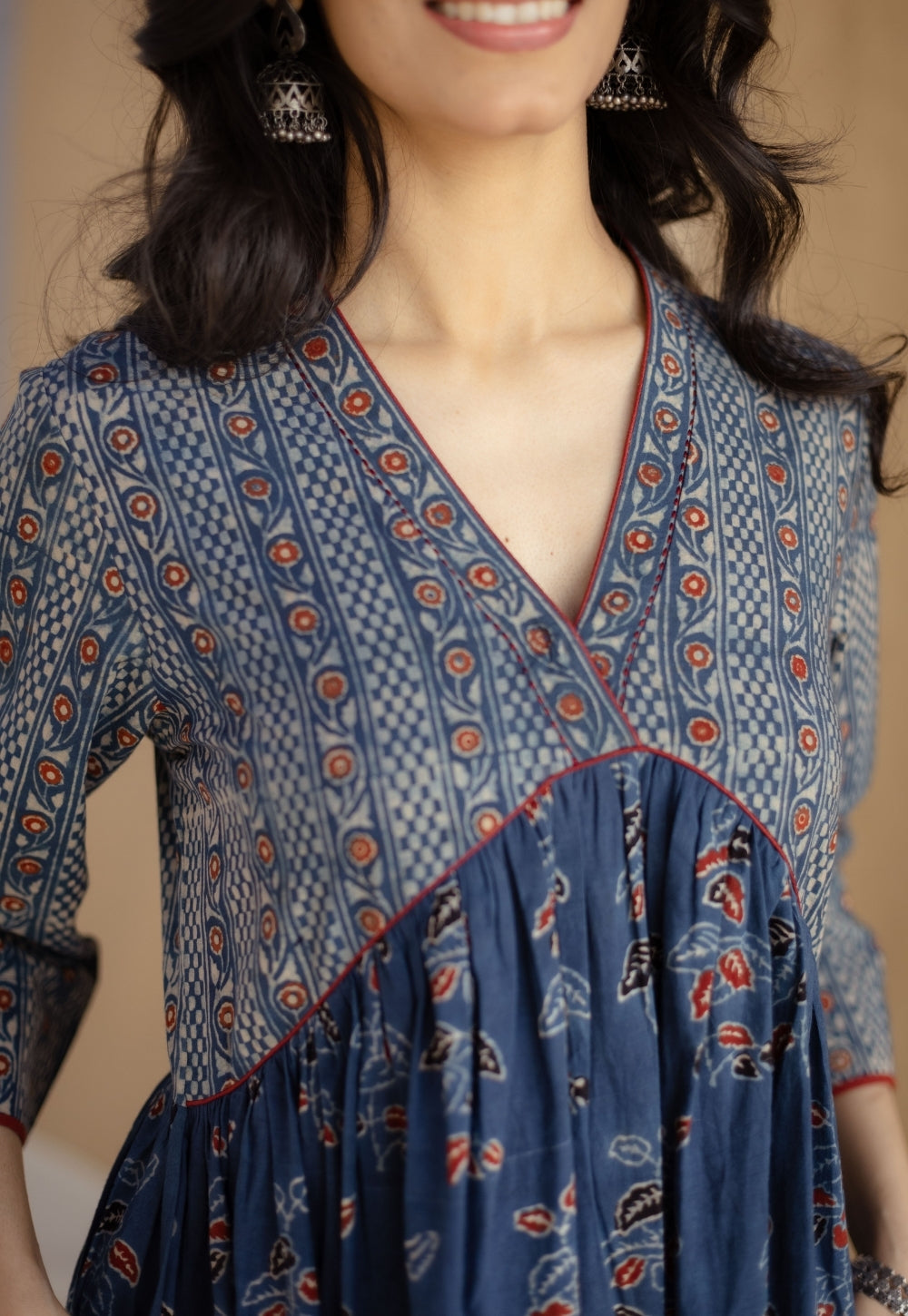 Kriti Indigo Ajrakh Cotton A Line Kurta with Hand Embroidery