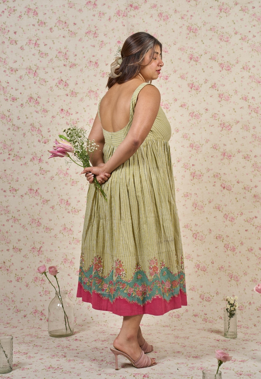 Fleur Green Sanganeri Mul Cotton A Line Dress