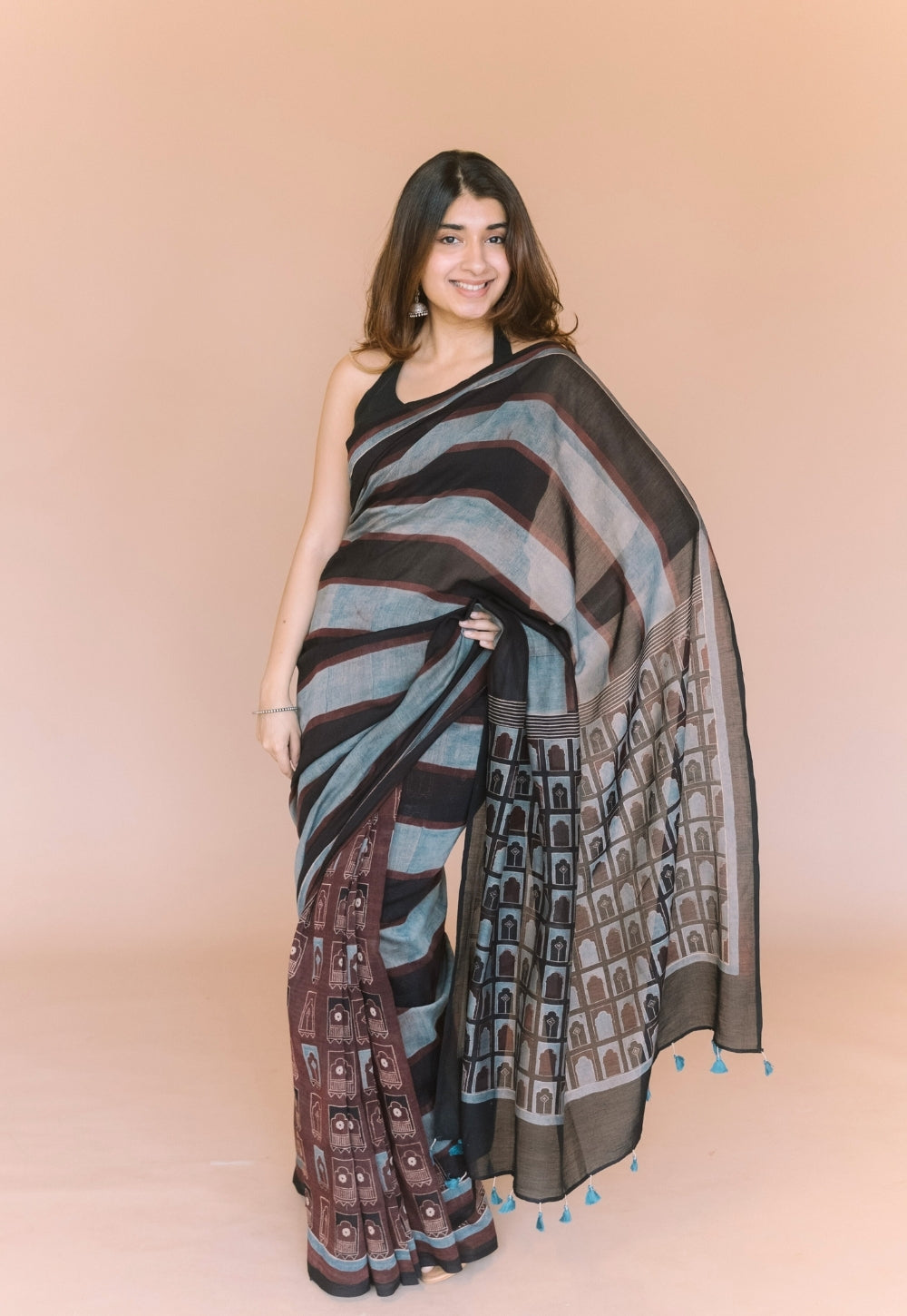 Black Jharoka Ajrakh Hand Block Print Chanderi Saree