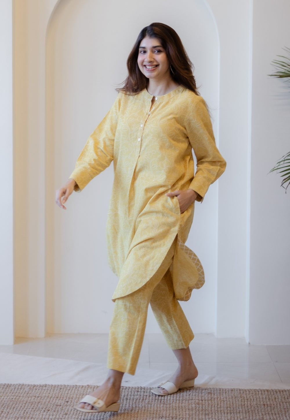 Prita Mustard Hand Block Print Slub Cotton Narrow Pant