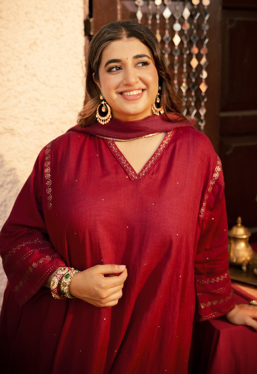 Iqra Red Rogan Handblock Printed Slub Cotton Jhabbha Kali Suit Set (Set of 3)
