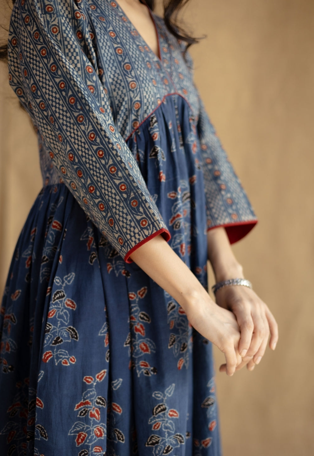 Kriti Indigo Ajrakh Cotton A Line Kurta with Hand Embroidery