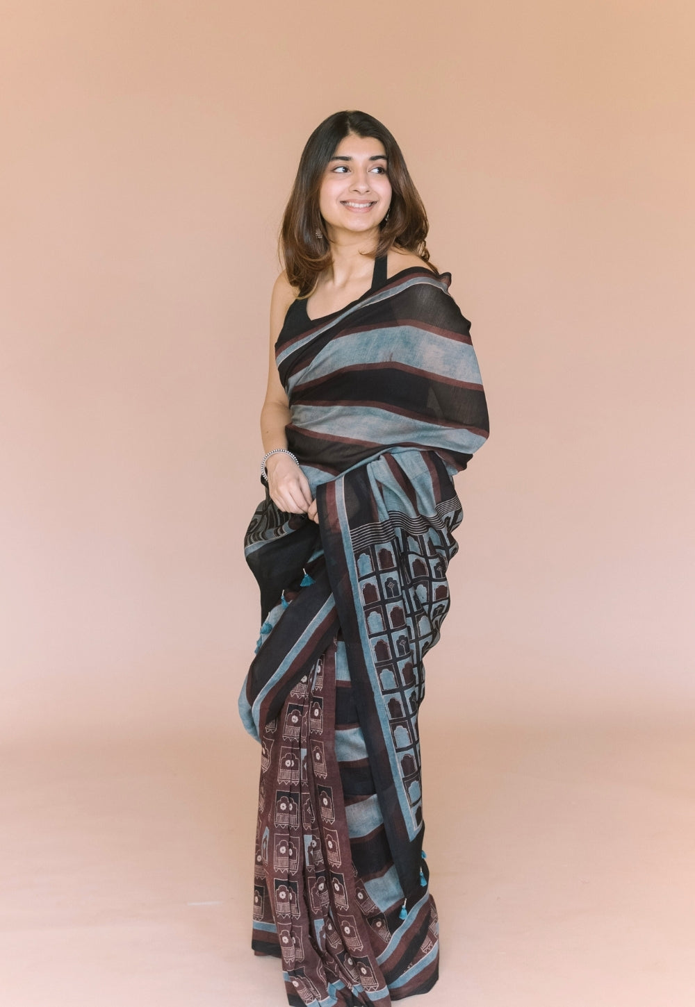 Black Jharoka Ajrakh Hand Block Print Chanderi Saree