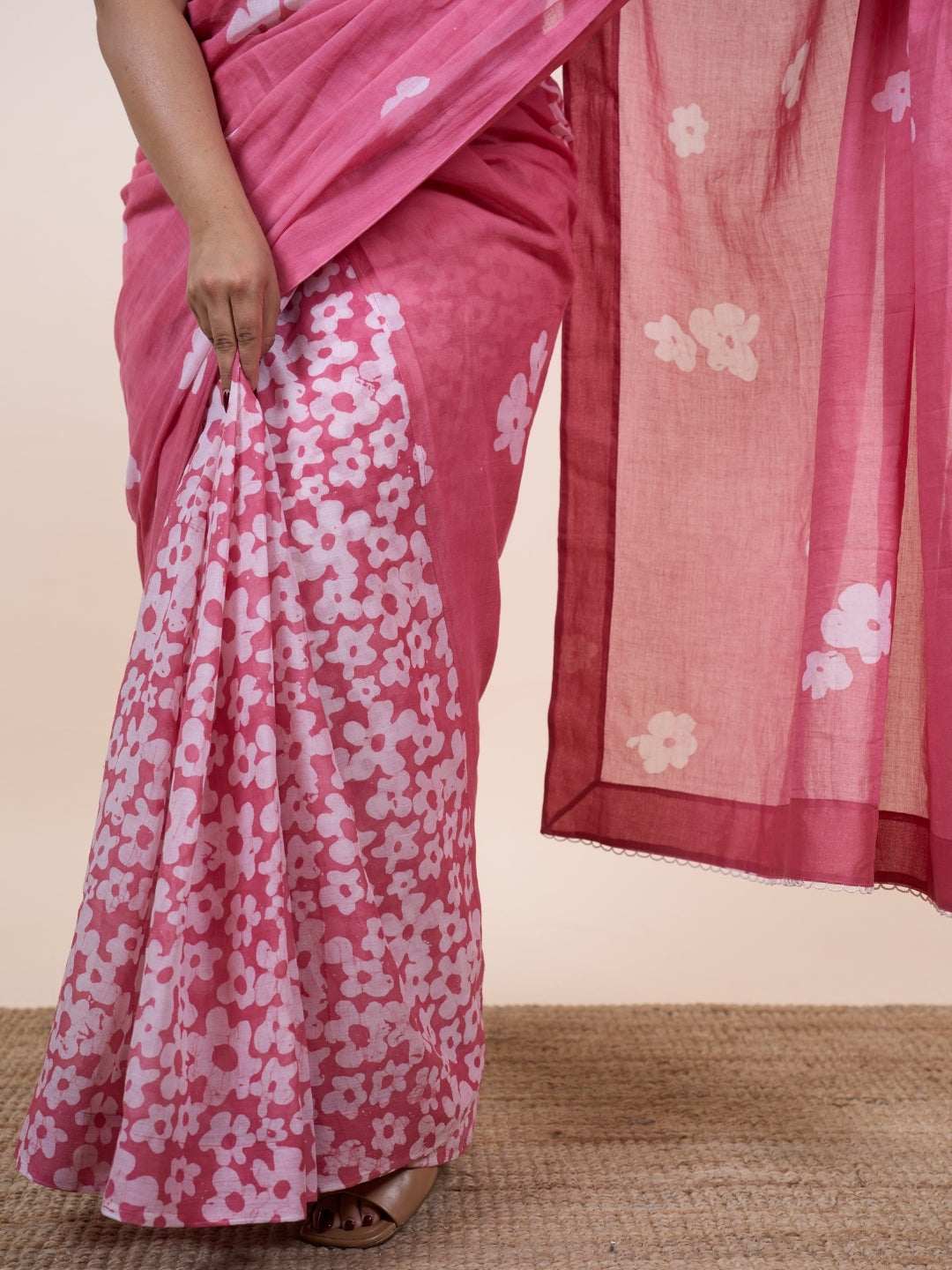 Jasmin Pink Batik Hand Block Print Mul Cotton Saree with Embroidery