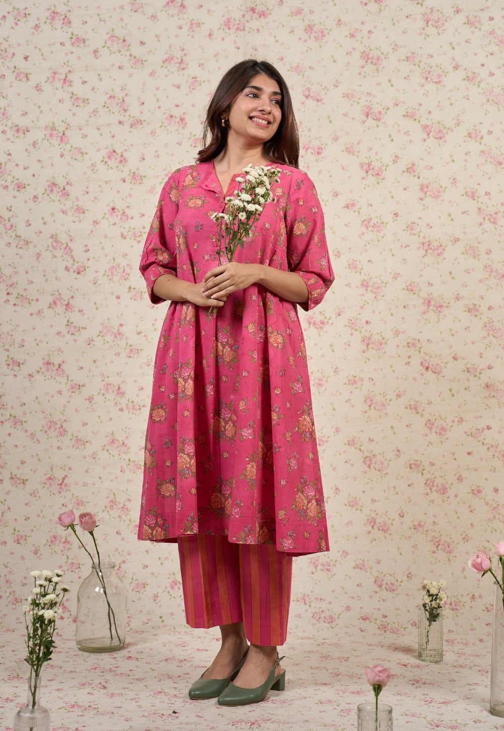 Rosie Pink Sanganeri Mul Cotton A Line Kurta Set (Set of 2)