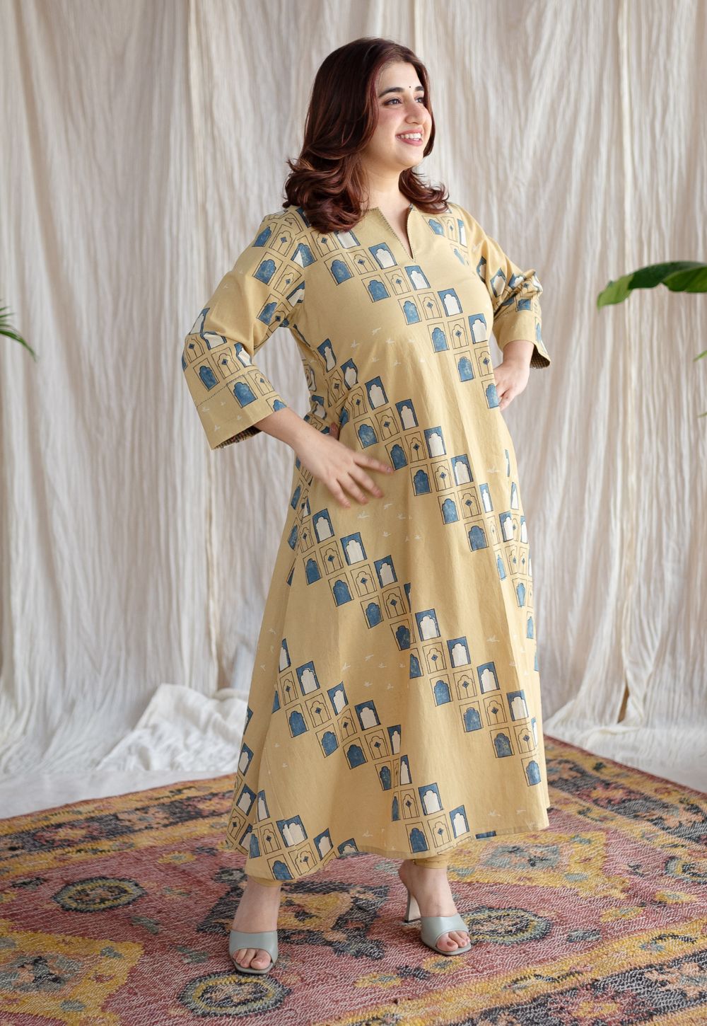 Jaipur Jharoka Ajrakh Cotton Hand Embroidered Kali Kurta
