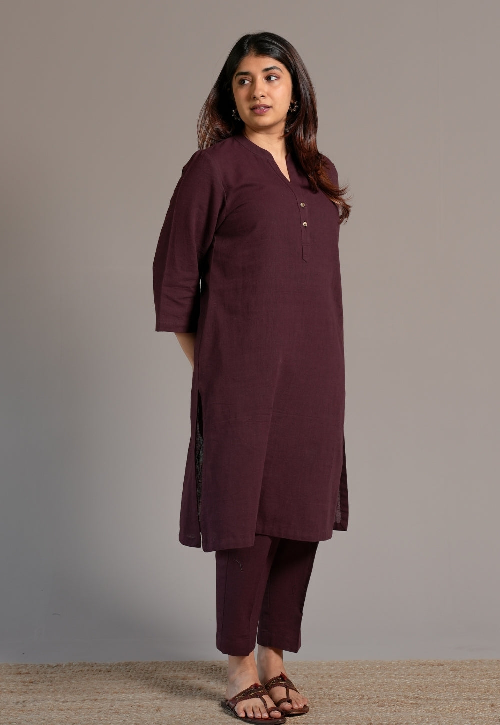 Wine Solid Slub Cotton Straight Kurta - DyeVerse