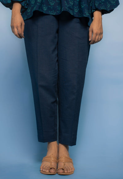 Prita Blue Solid Slub Cotton Narrow Pant