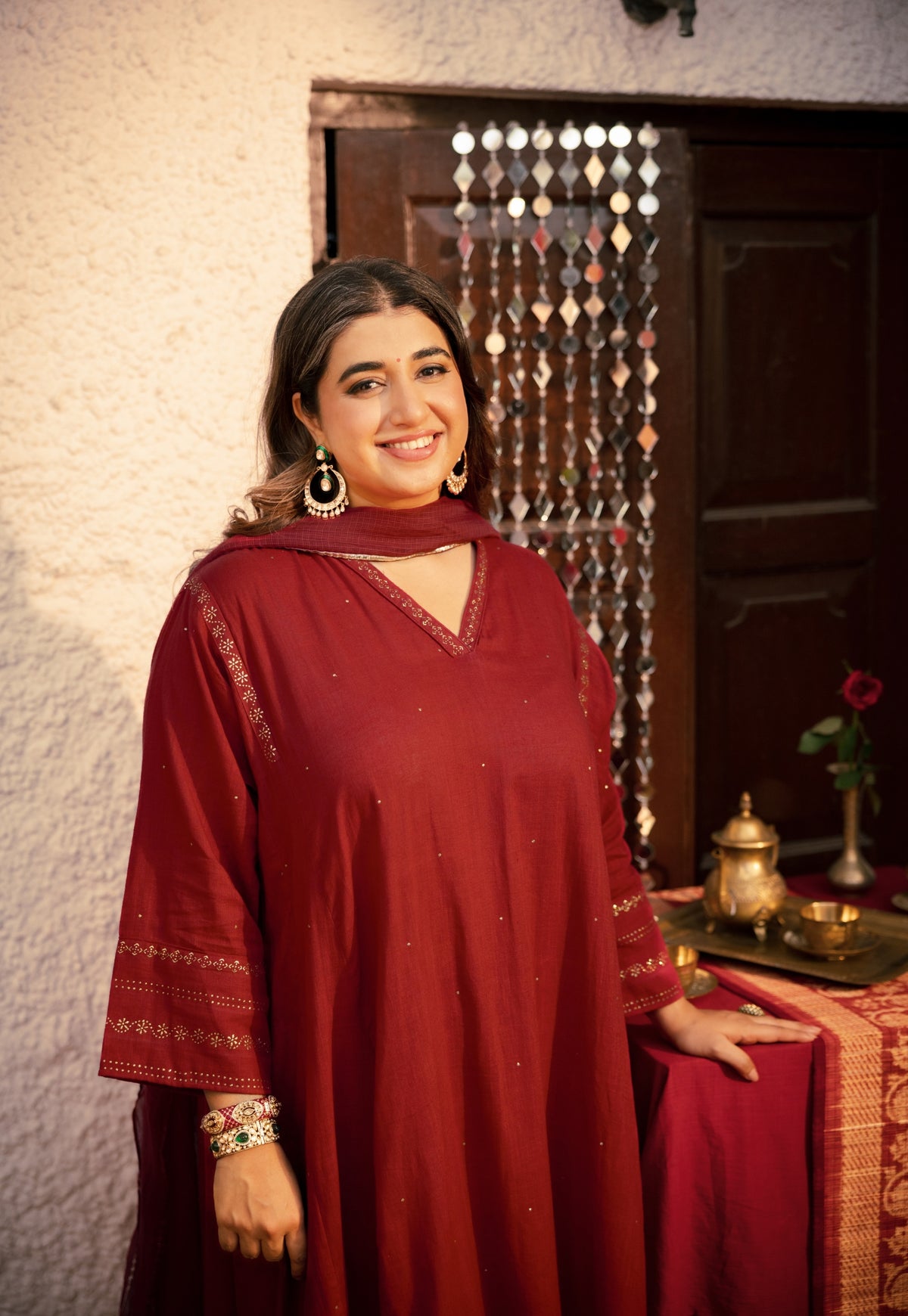 Iqra Red Rogan Handblock Printed Slub Cotton Suit Set (Set of 3)