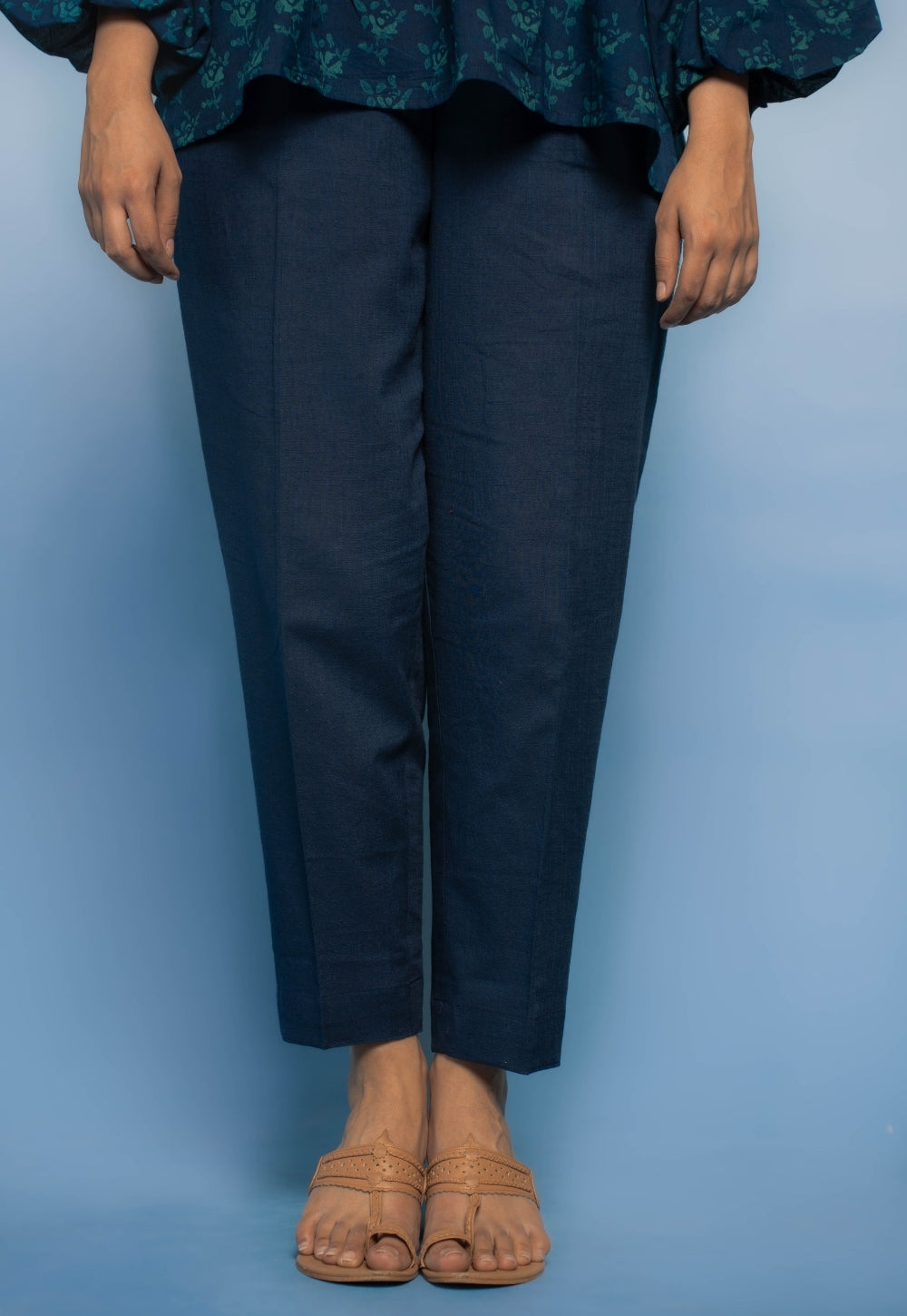 Aafiya Blue Dabu Mul Cotton A Line Short Top