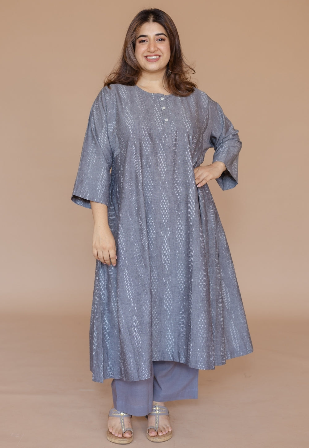 Alizah Grey Handloom Ikkat Cotton Jhabbha Kali Kurta
