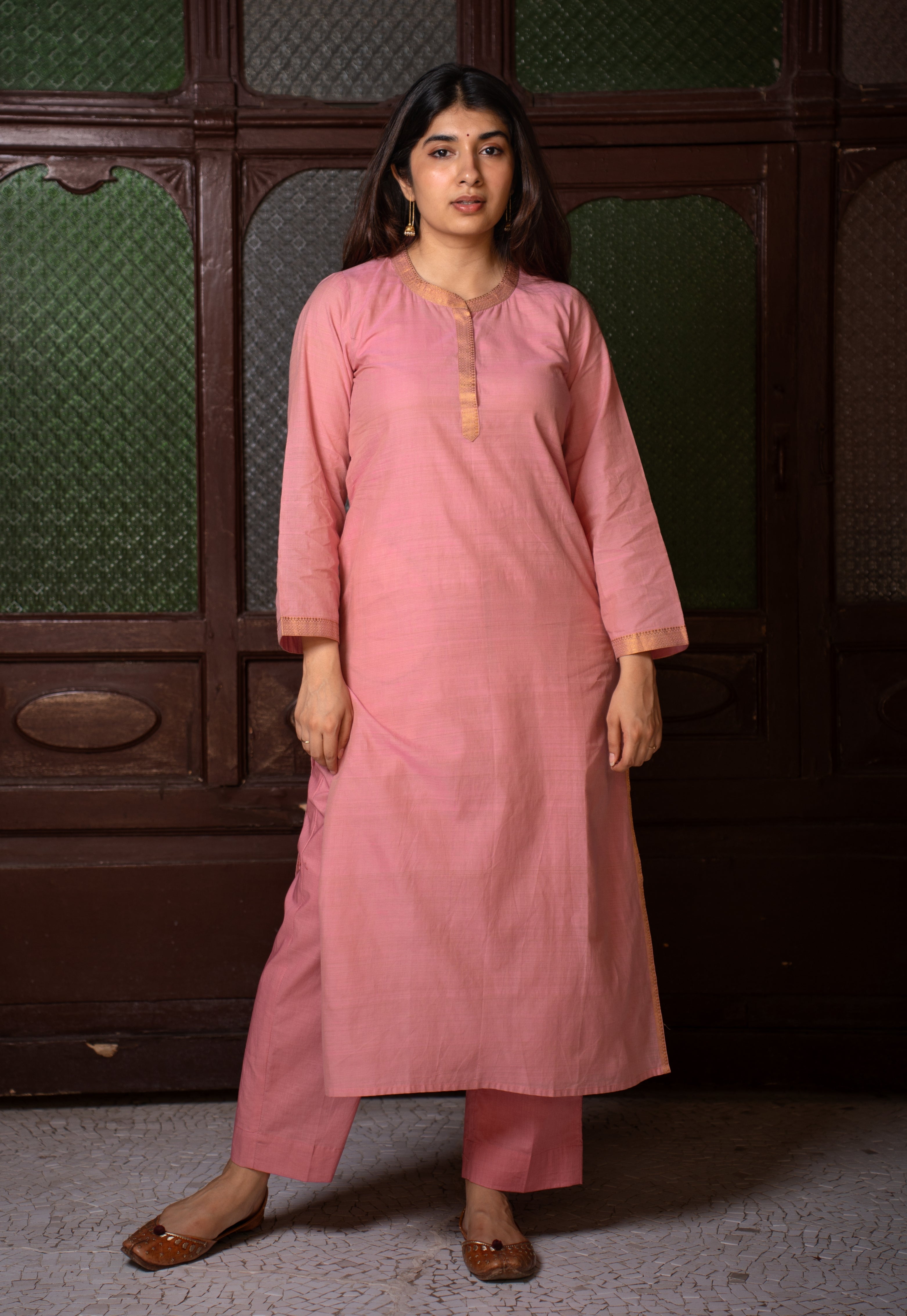 Aarini Pink Mangalgiri Cotton Straight Kurta with Nizam Border