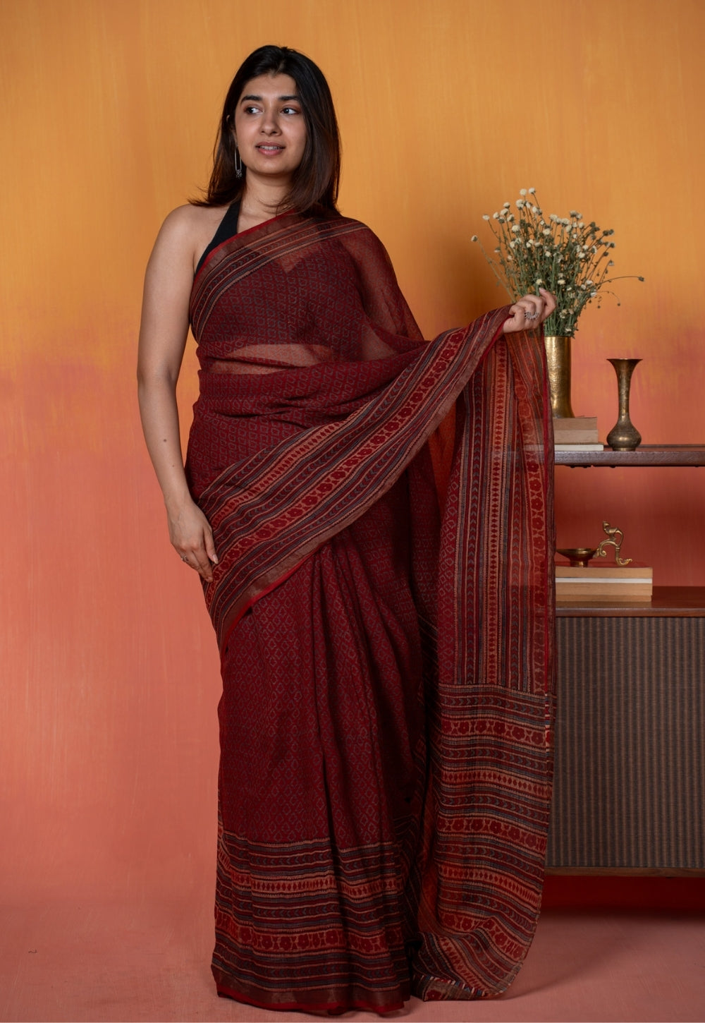 Red Geometric Ajrakh Hand Block Print Kota Doria Saree