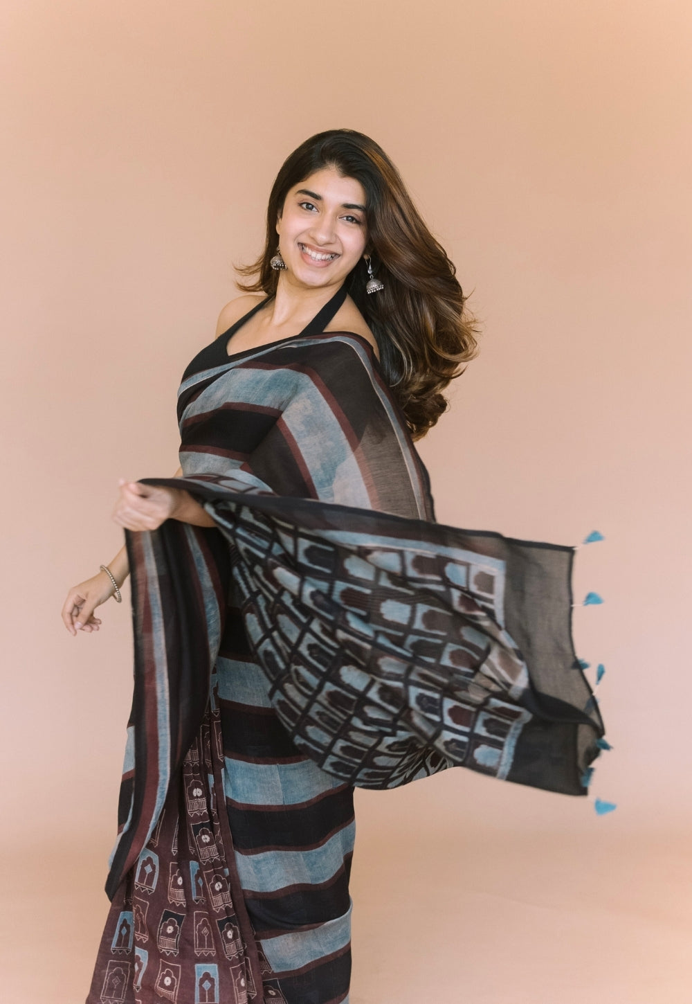 Black Jharoka Ajrakh Hand Block Print Chanderi Saree