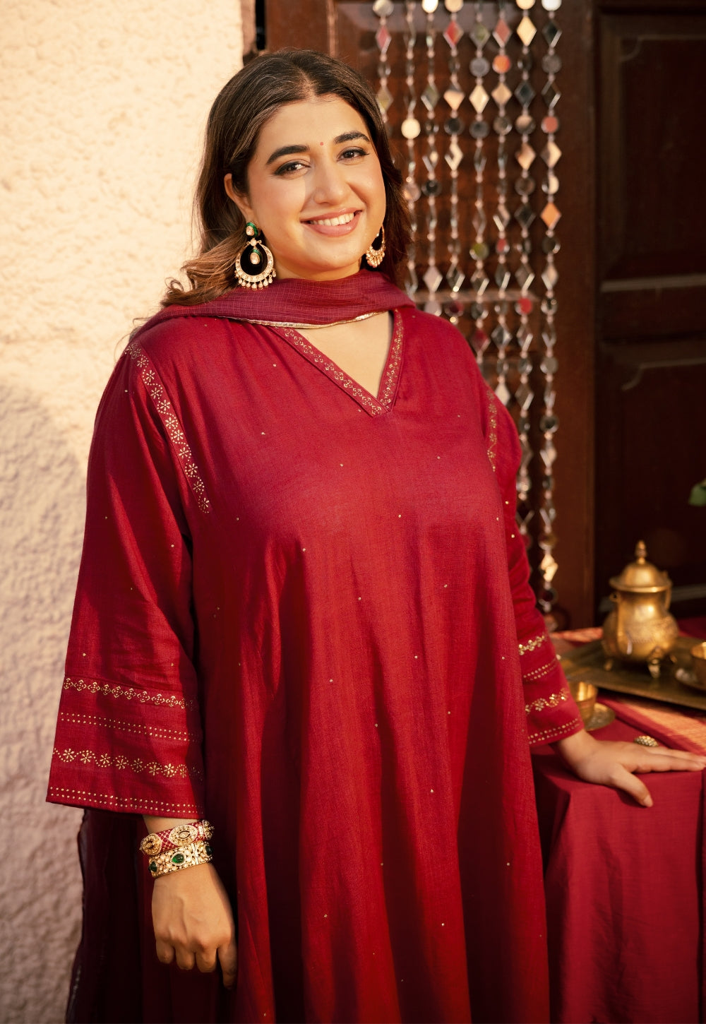 Iqra Red Rogan Handblock Printed Slub Cotton Jhabbha Kali Suit Set (Set of 3)