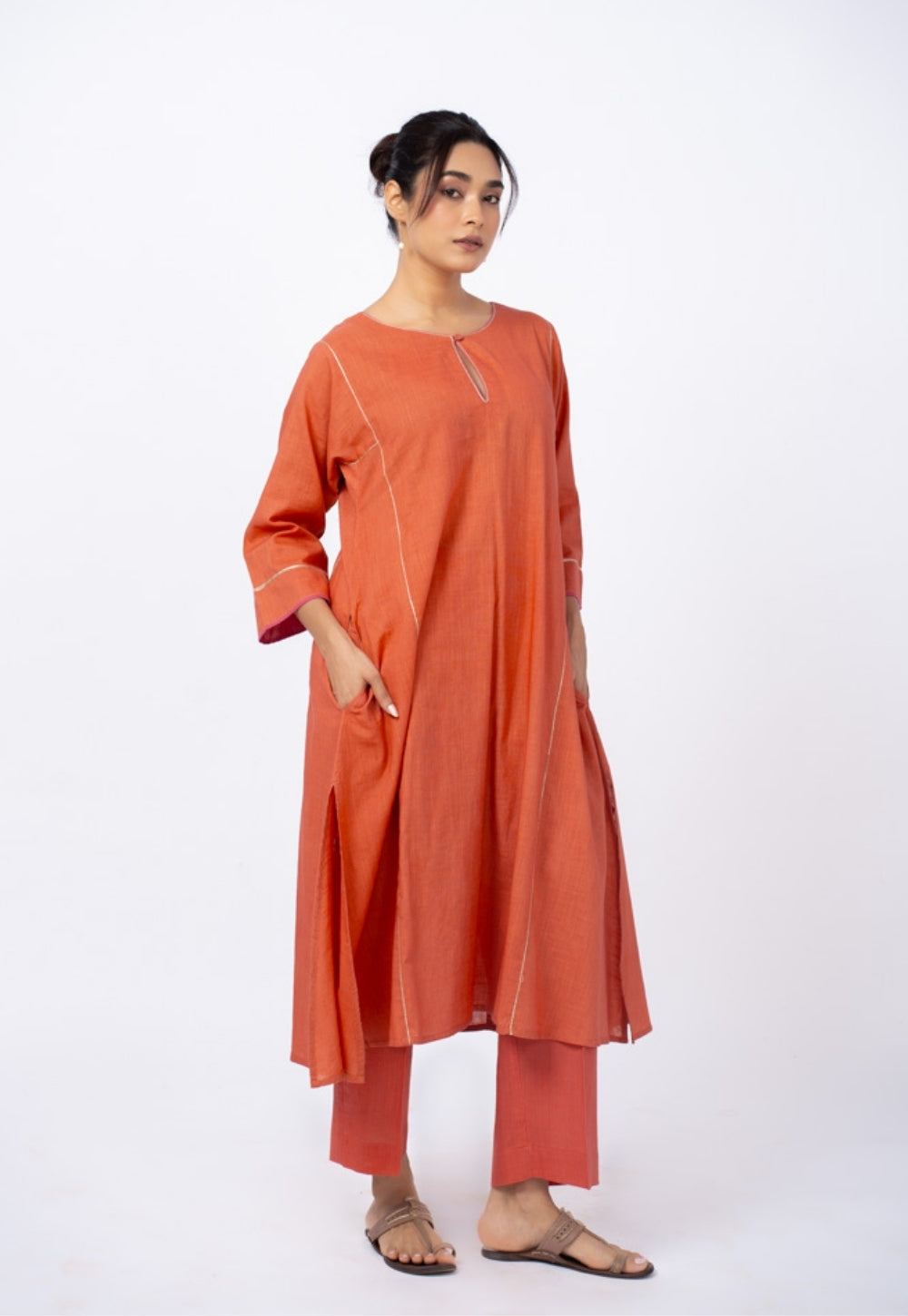 Adhya Orange Solid Slub Cotton Jhabbha Kali Kurta Suit Set with Printed Dupatta(Set of 3) (Copy)