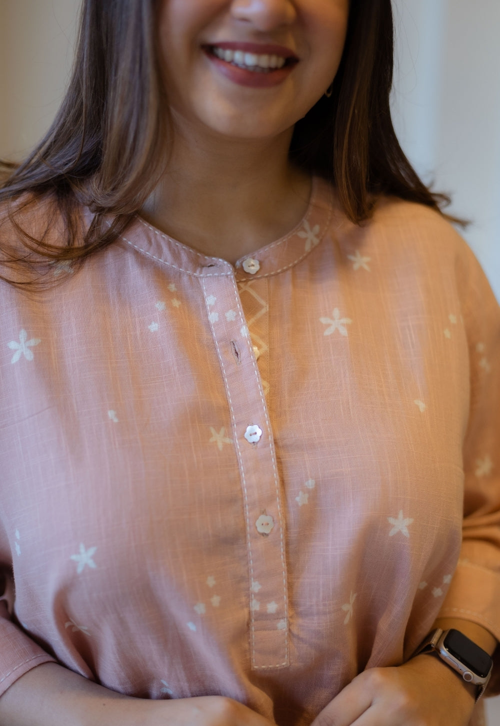 Daisy Peach Hand Block Print Slub Cotton A Line Short Top with Hand Embroidery
