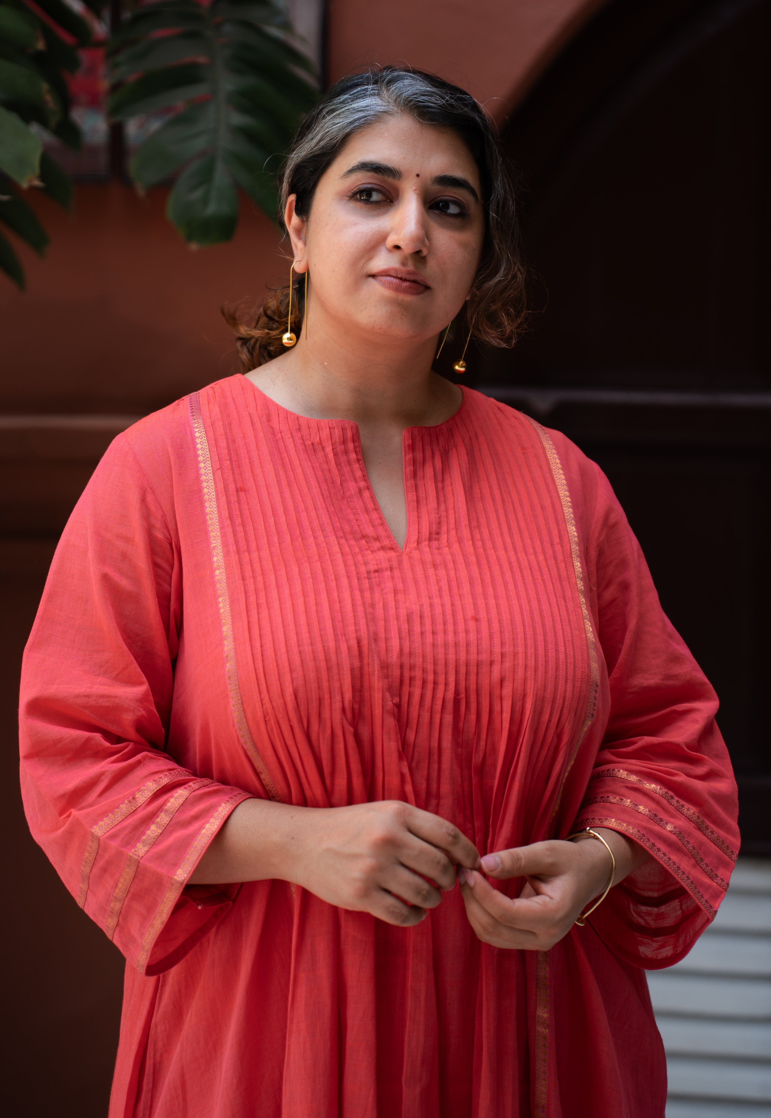 Ruhza Orange Mangalgiri Cotton Kali Kurta with Nizam Border