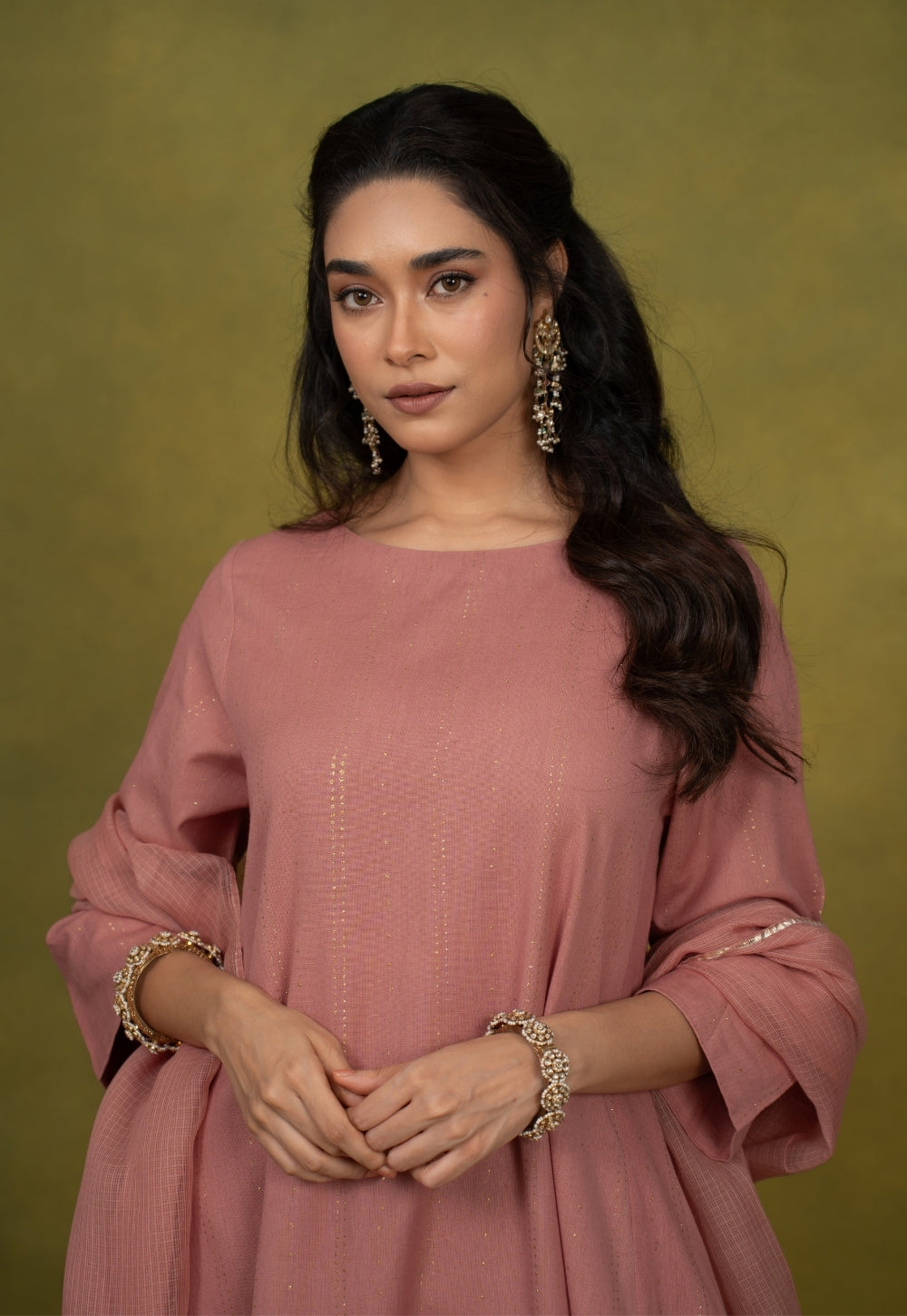 Eram Pink Rogan Handblock Printed Cotton Kali Kurta Suit Set (Set of 3)