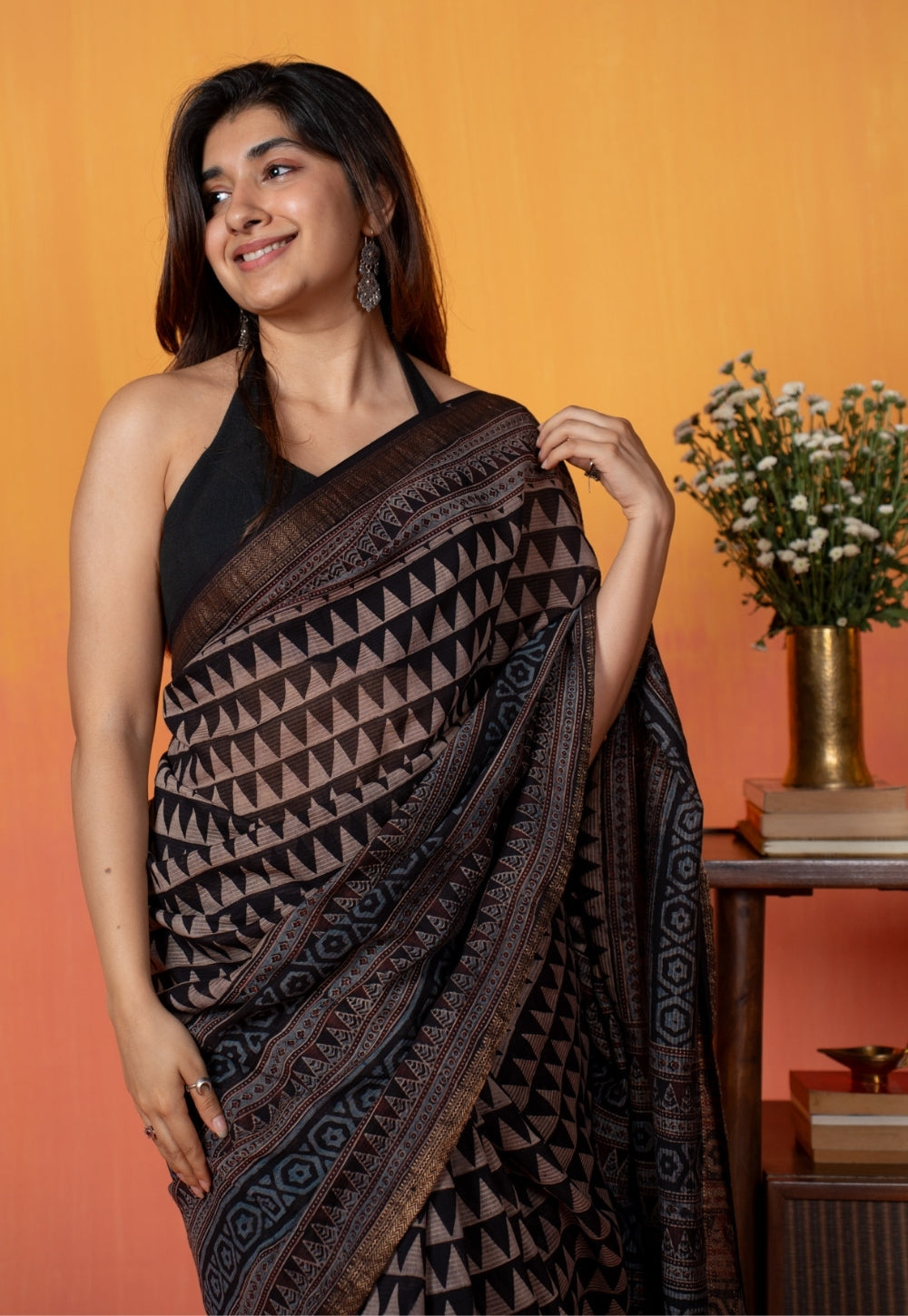 Black Tribal Ajrakh Hand Block Print Maheshwari Saree