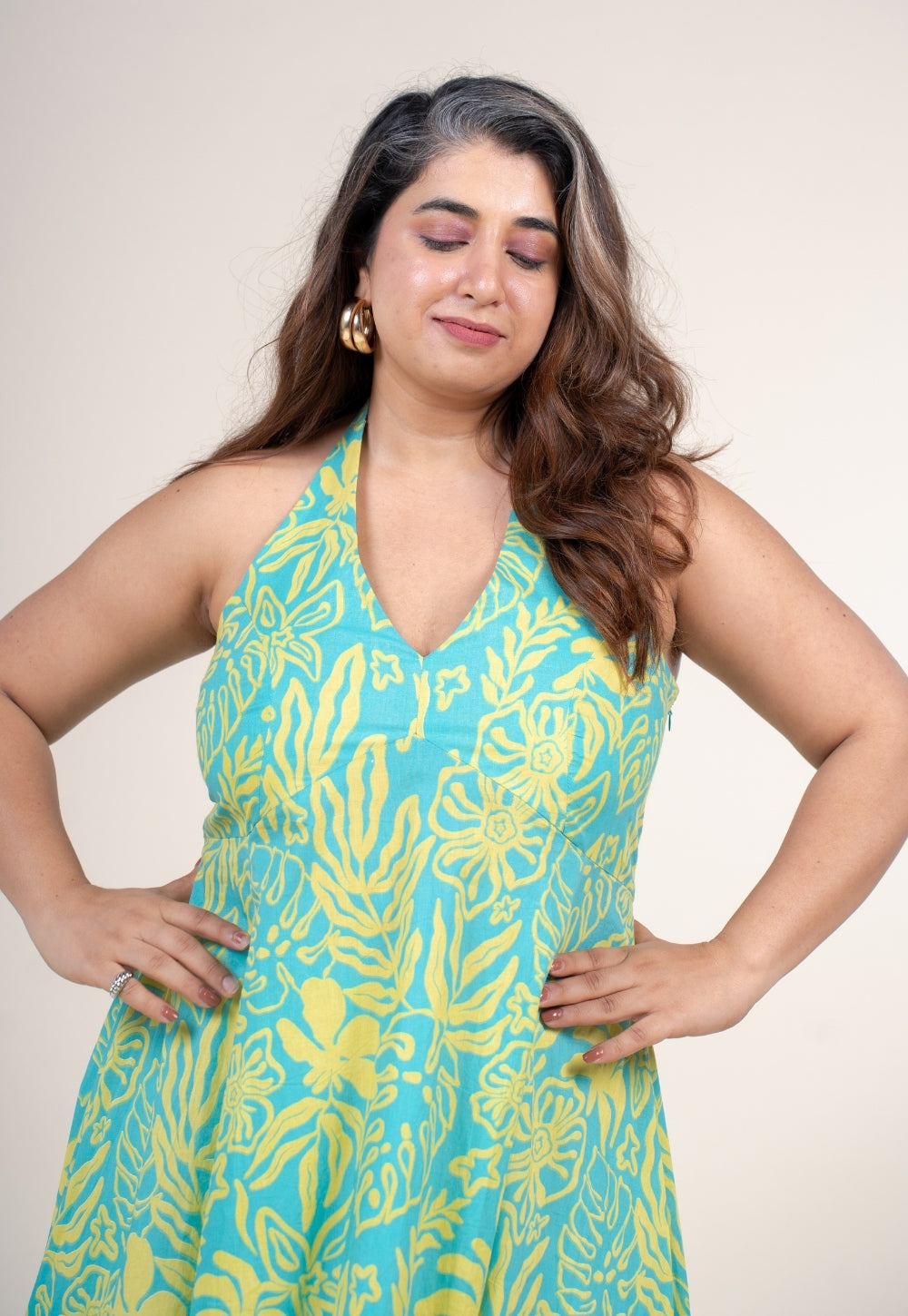 Mihira Blue Turquoise Printed Cotton A Line Dress
