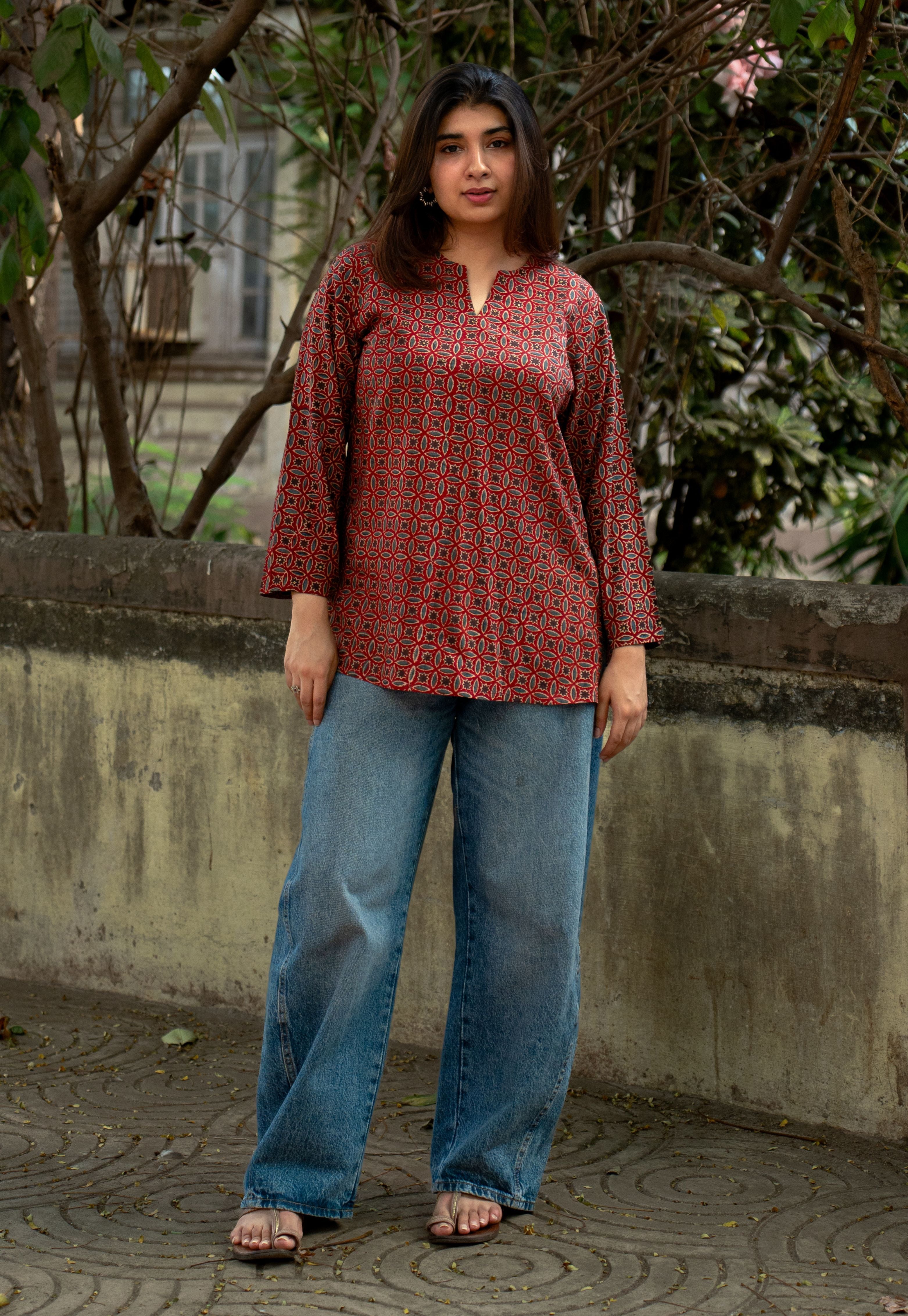 Karvi Red Ajrakh Cotton Straight Short Top with Embroidery
