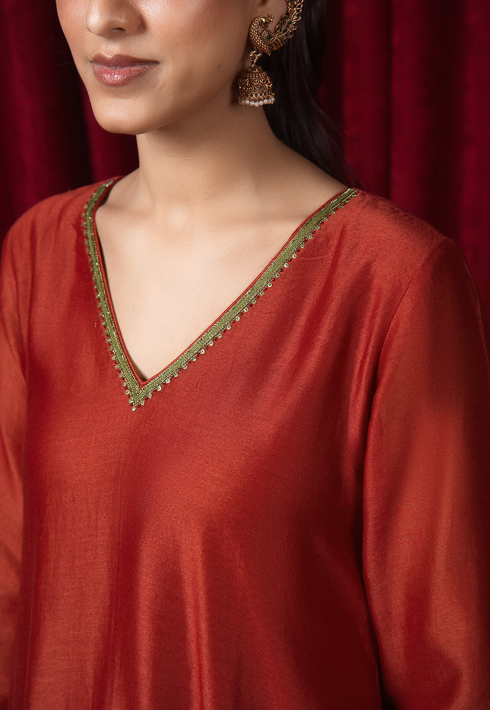 Amita Red Solid Chanderi Silk A Line kurta with Hand Embroidery