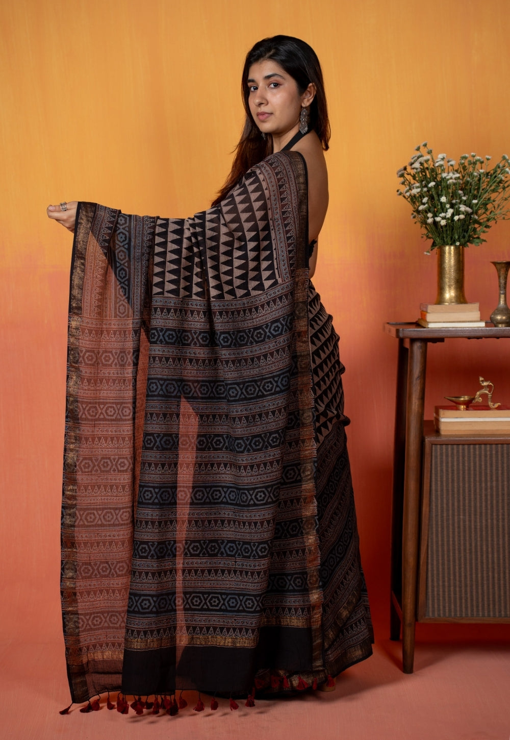Black Tribal Ajrakh Hand Block Print Maheshwari Saree