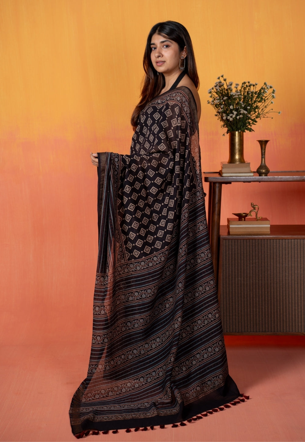Black Aztec Ajrakh Hand Block Print Maheshwari Saree